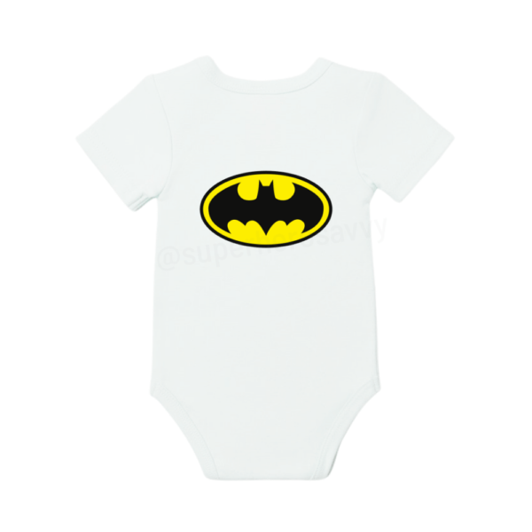 Classic Batman logo babygrow for infants with yellow emblem